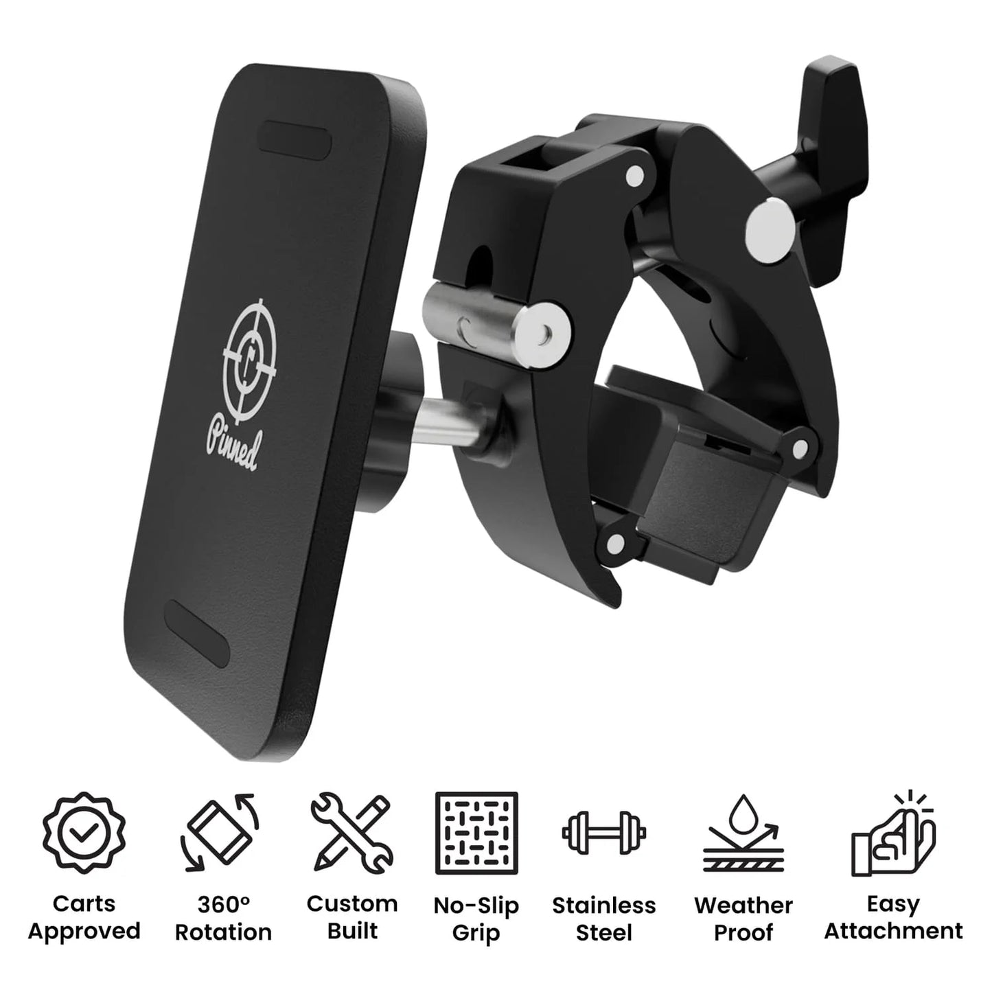 Black caddie mount with brand logo on a white background, featuring various product features.