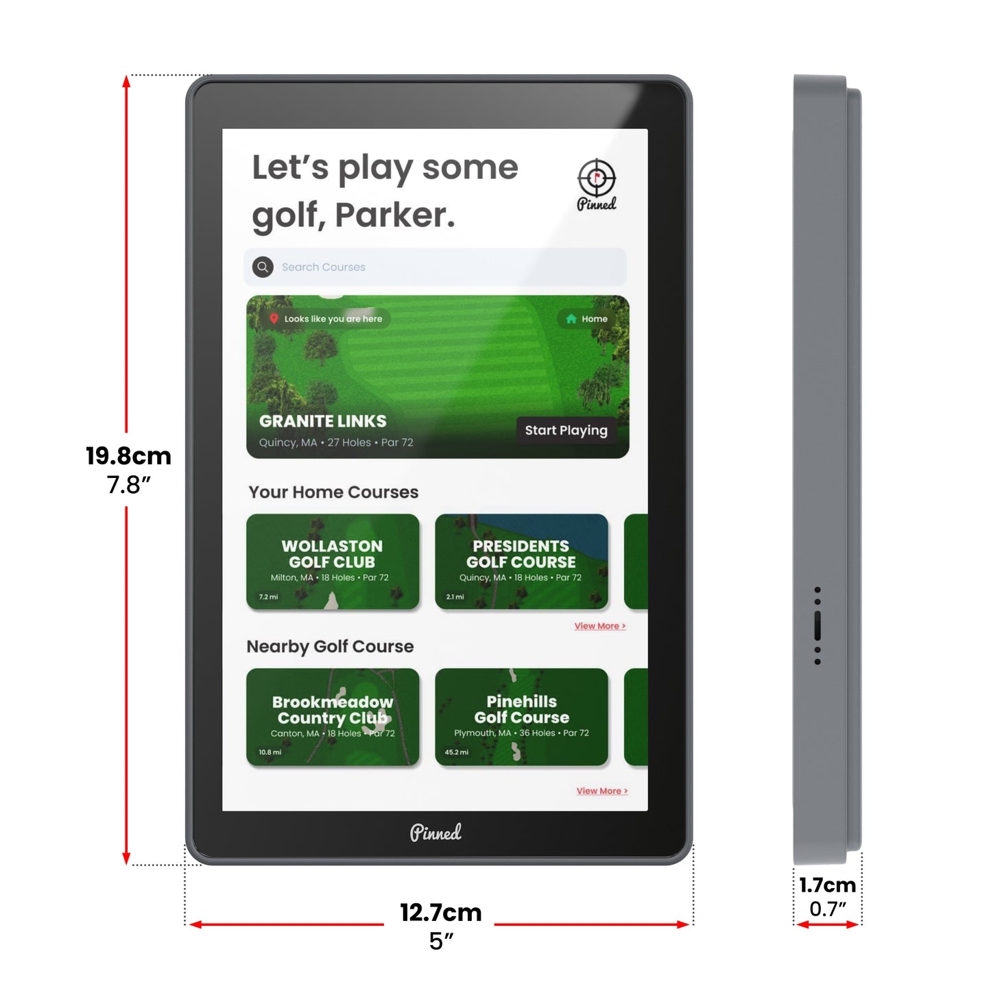 Digital tablet displaying a golf app interface with dimensions indicated.