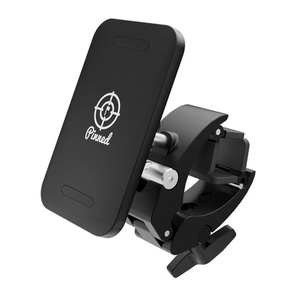 Black caddie holder with 'Pinned' logo on a white background