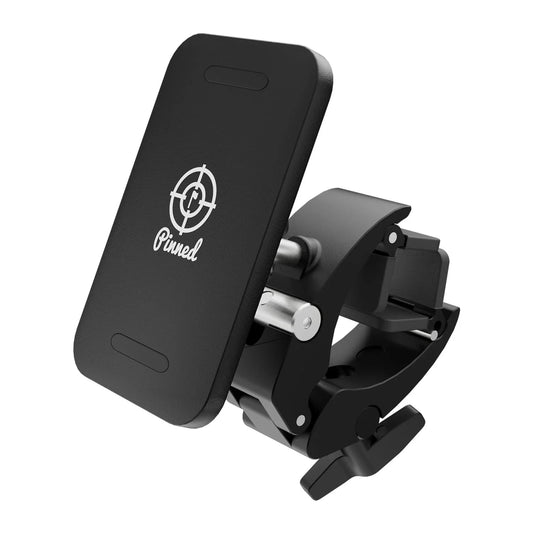 Black caddie holder with 'Pinned' logo on a white background