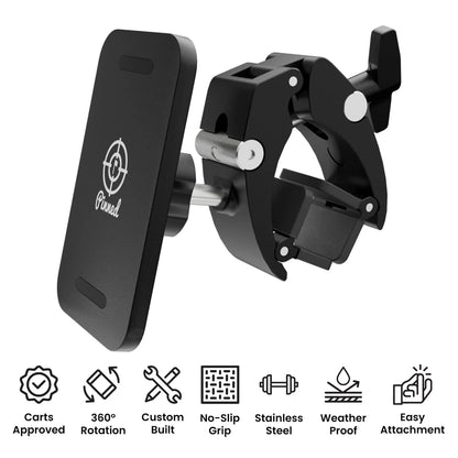 Black caddie mount with brand logo on a white background, featuring various product features.